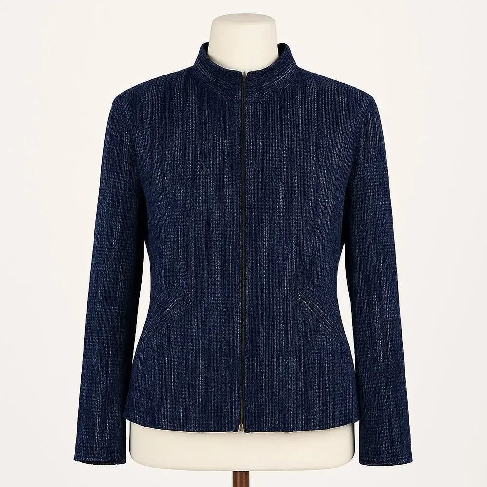 Bibi Stein Handwoven Jacket & Vest Set Navy Textured Full Zip Artisan Designer